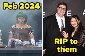 Two-panel meme: Left shows a person wearing a green wig, right has a couple dressed formally at an event. Text: "Feb 2024" and "RIP to them."