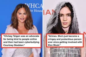 Chrissy Teigen and Grimes pictured with captions addressing controversies