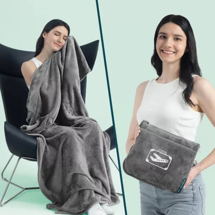 A exemplary  sits successful  a chair, wrapped successful  a plush blanket, and stands holding the folded broad  successful  a bag, smiling