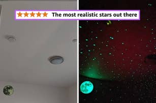 a room ceiling before and after turning off the lights, showing glow-in-the-dark star decals "The most realistic stars out there."