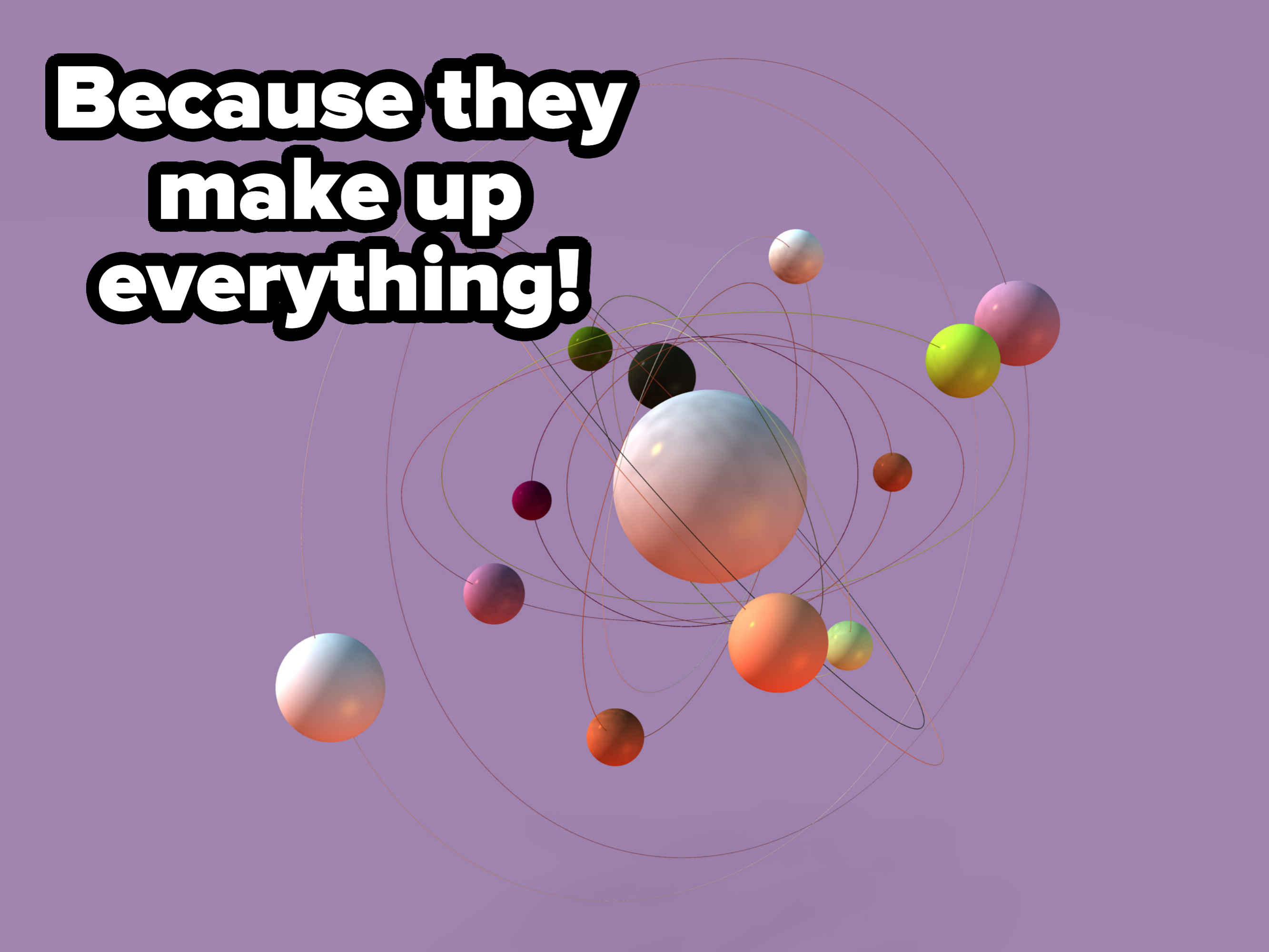 3D rendering of various-sized spheres with orbiting lines on a plain background, resembling an atomic model