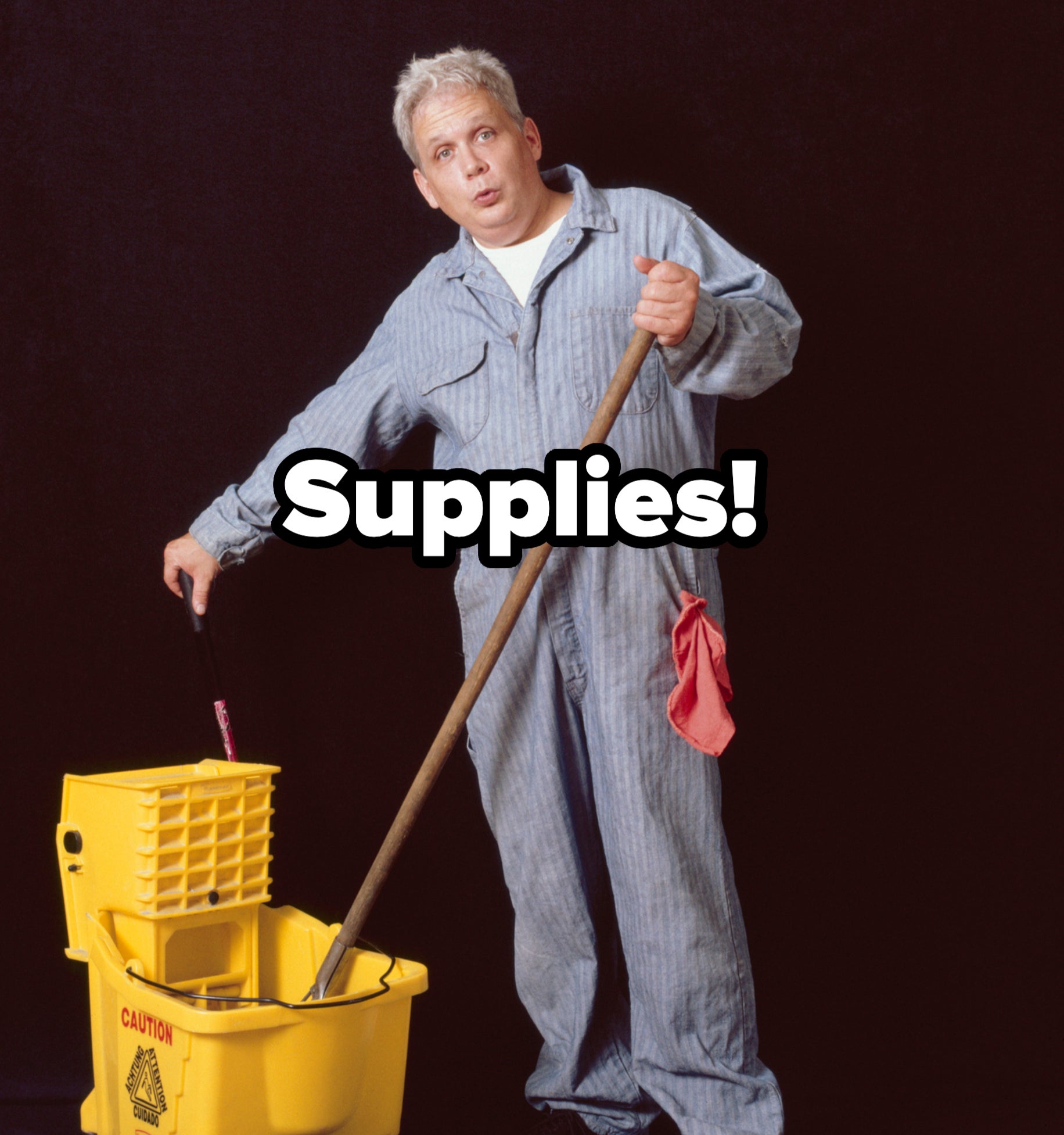 Person in a striped janitorial uniform mopping, standing beside a yellow mop bucket with a caution sign