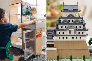 Children playing with a toy grocery store playset; a detailed model of an Asian-style castle built from interlocking bricks