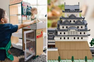 Children playing with a toy grocery store playset; a detailed model of an Asian-style castle built from interlocking bricks
