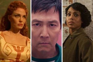 Three actors in character from various TV and movie scenes; each appears focused and dramatic in their roles