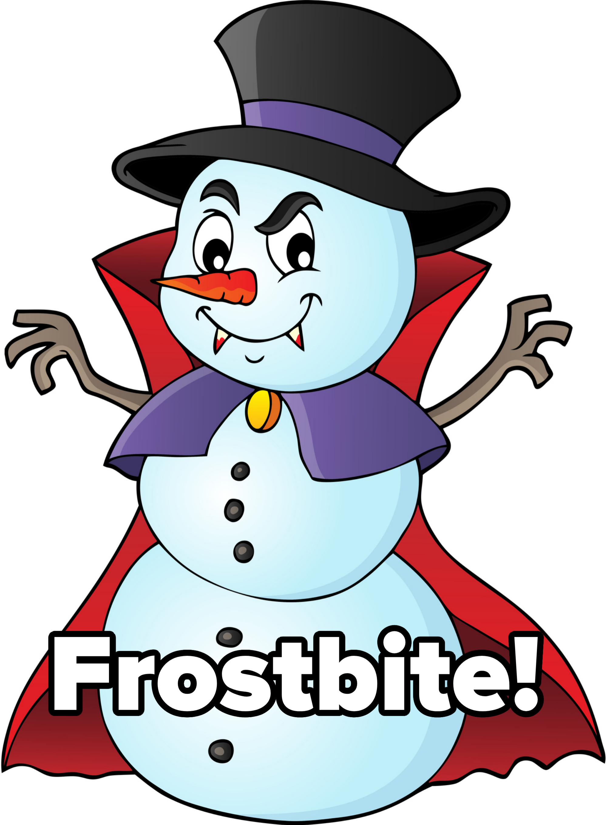 Cartoon snowman dressed as a vampire with a top hat, cape, and vampire fangs, looking mischievous