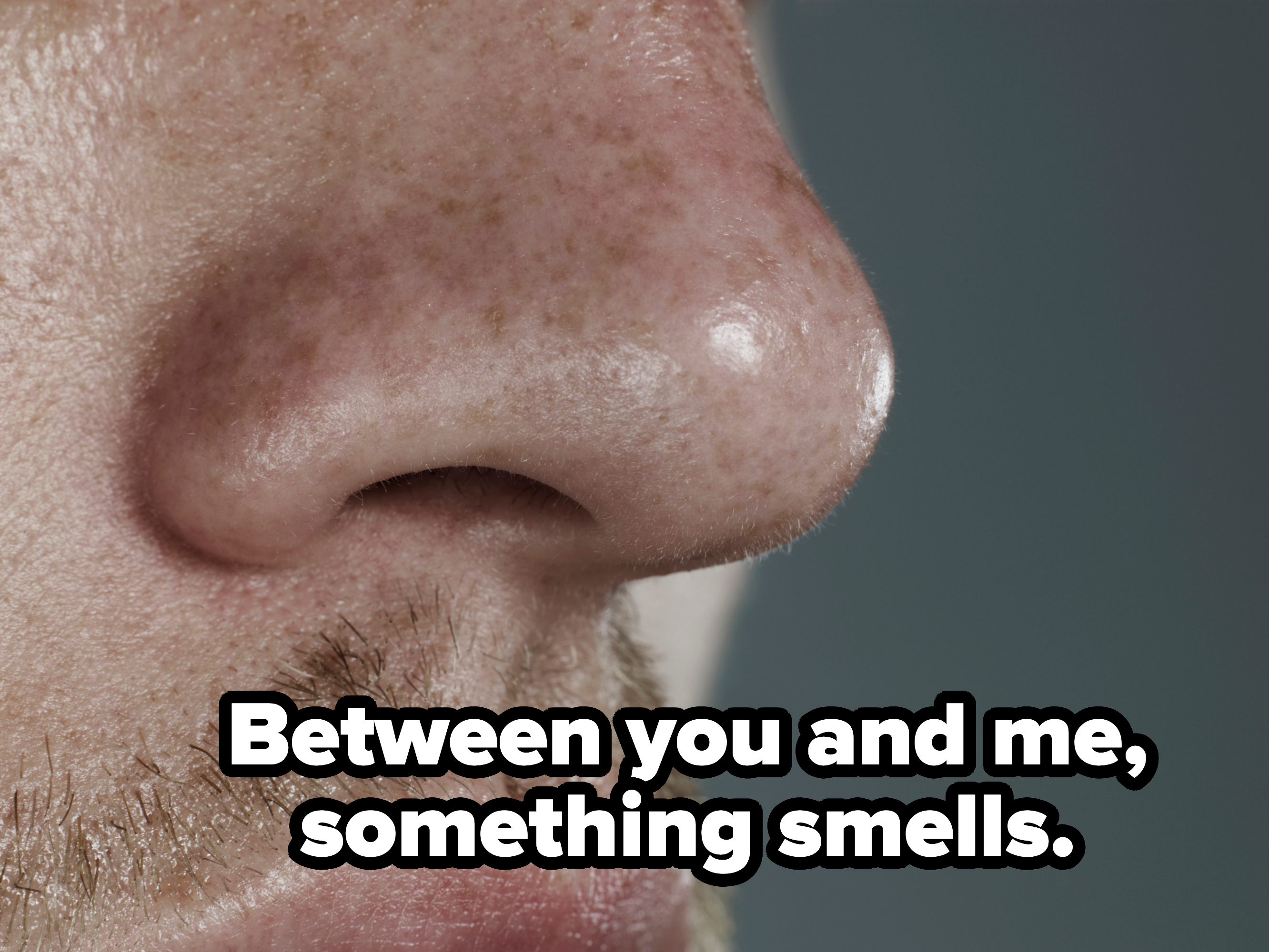 Close-up of a person&#x27;s nose and mouth, showing facial hair and freckles