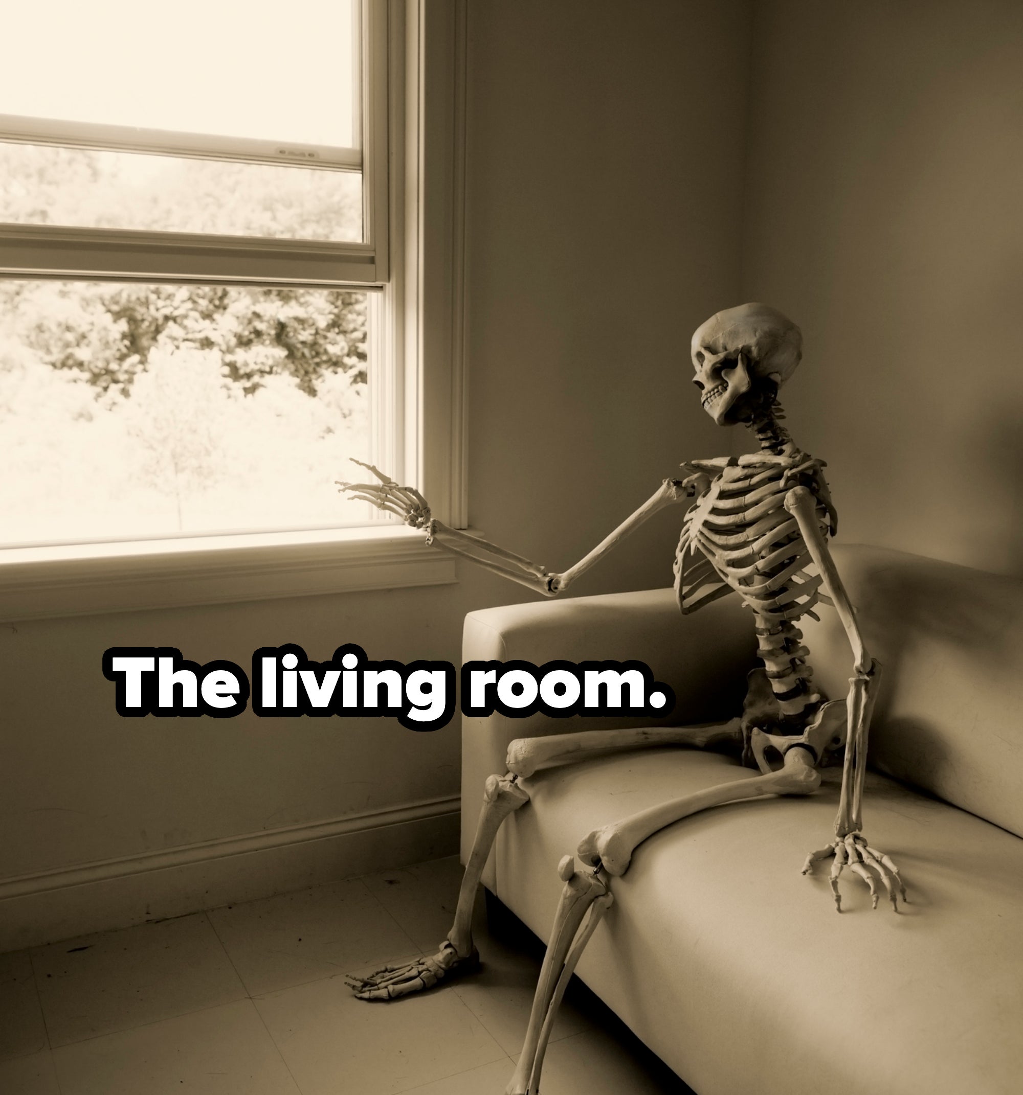 A skeleton seated on a couch, gazing out of a window in a dimly lit room