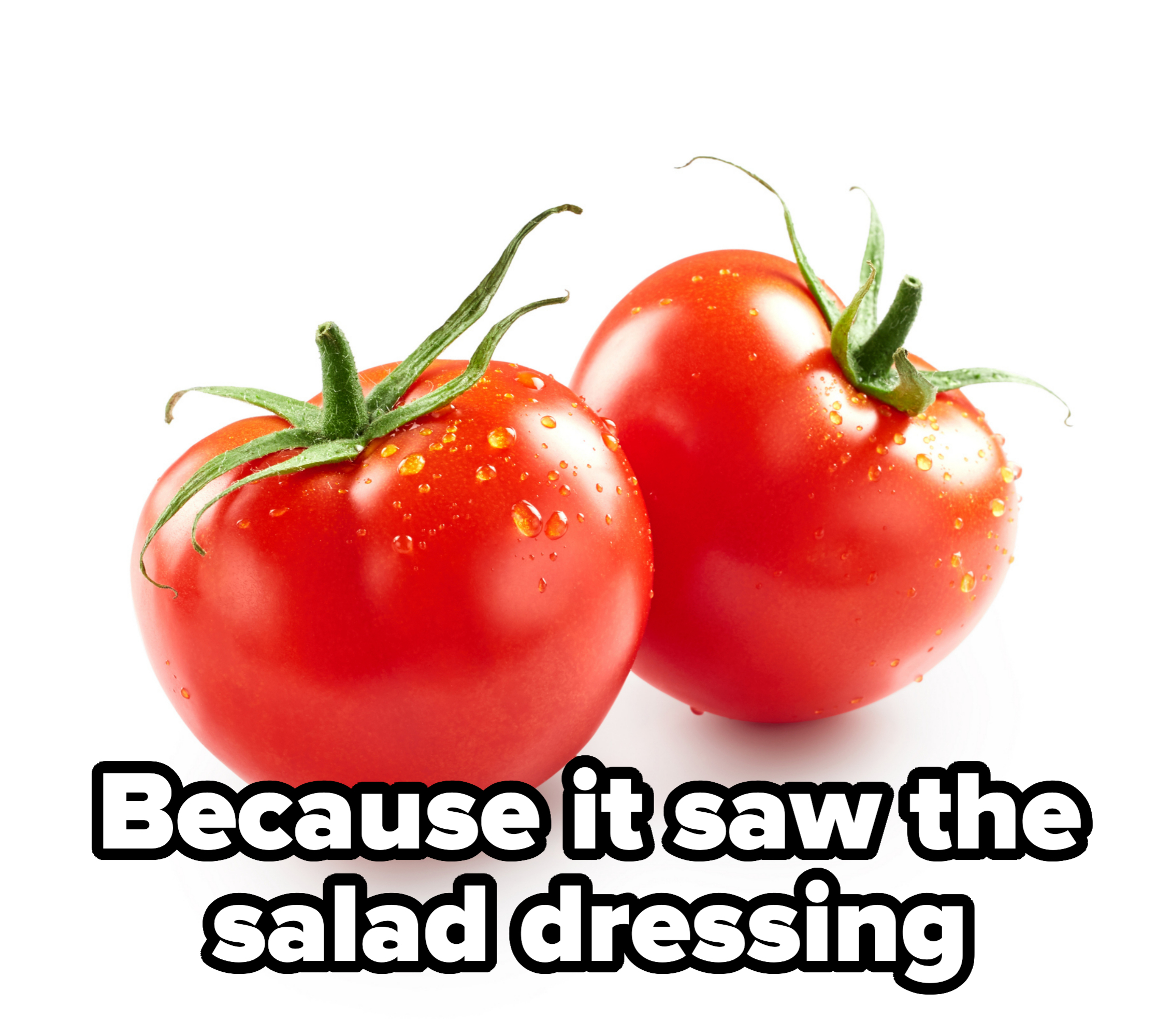 Two fresh tomatoes with green stems and water droplets on them, placed on a white background