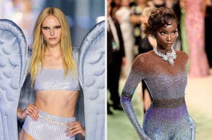 Left: Alex Consani in a sequined outfit with large wing accessories. Right: Anok Yai in a shimmering bodysuit with a floral neckline
