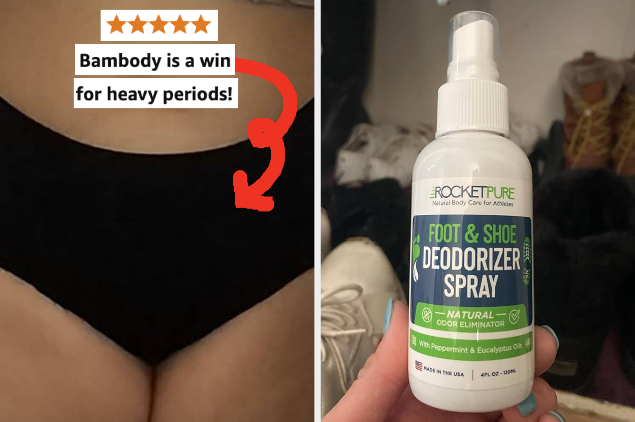 Two-part image: Left shows a close-up of someone wearing black Bambody period underwear with text praising it for heavy periods. Right shows Rocket Pure Deodorizer Spray