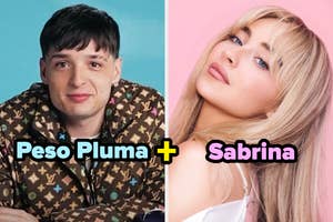 Collage de dos personas con sus nombres: Peso Pluma y Sabrina. Cada una está en un lado de la imagen, sonrientes, con estilos modernos