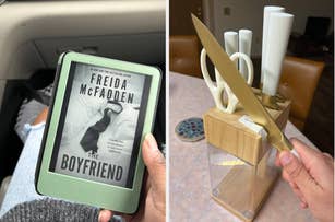 Left: Person holding an e-reader displaying "The Boyfriend" by Freida McFadden. Right: Hand holding a knife from a kitchen knife set