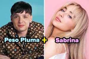 Collage de dos personas con sus nombres: Peso Pluma y Sabrina. Cada una está en un lado de la imagen, sonrientes, con estilos modernos