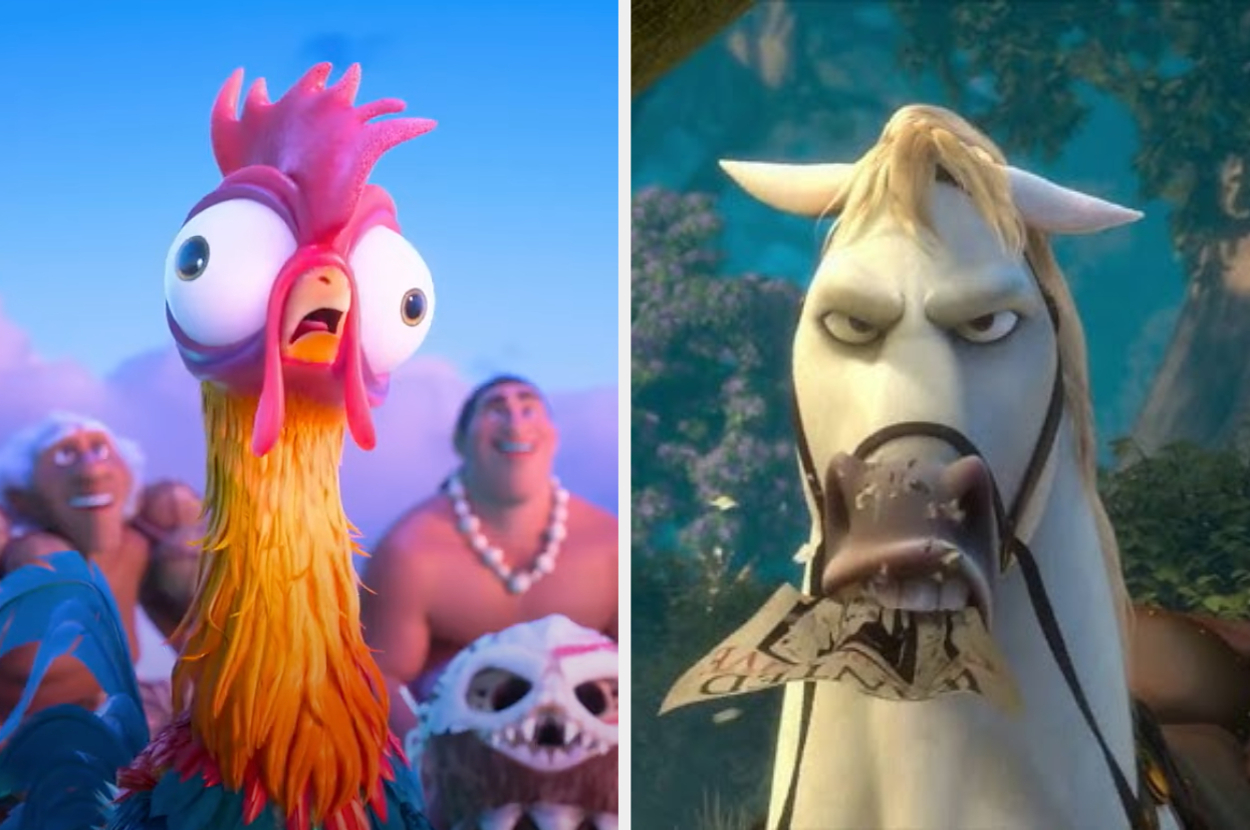 Animated characters: a surprised rooster in a tropical setting next to a serious horse holding paper in its mouth in a forest