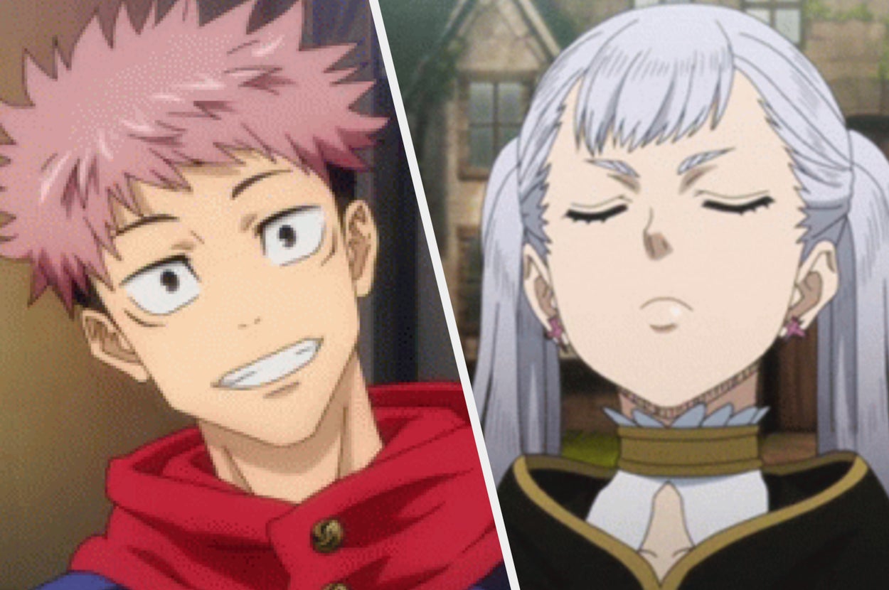 Two animated characters side by side. The left one smiles with spiky hair. The right one has closed eyes and long hair tied back