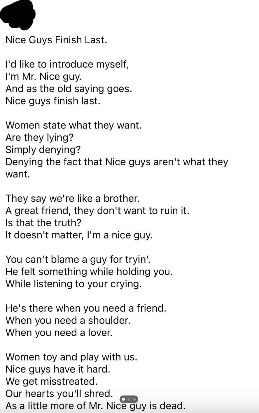 Summary of text: The poem reflects on the struggles and frustrations of being a &quot;nice guy,&quot; including feeling mistreated and the challenges in relationships