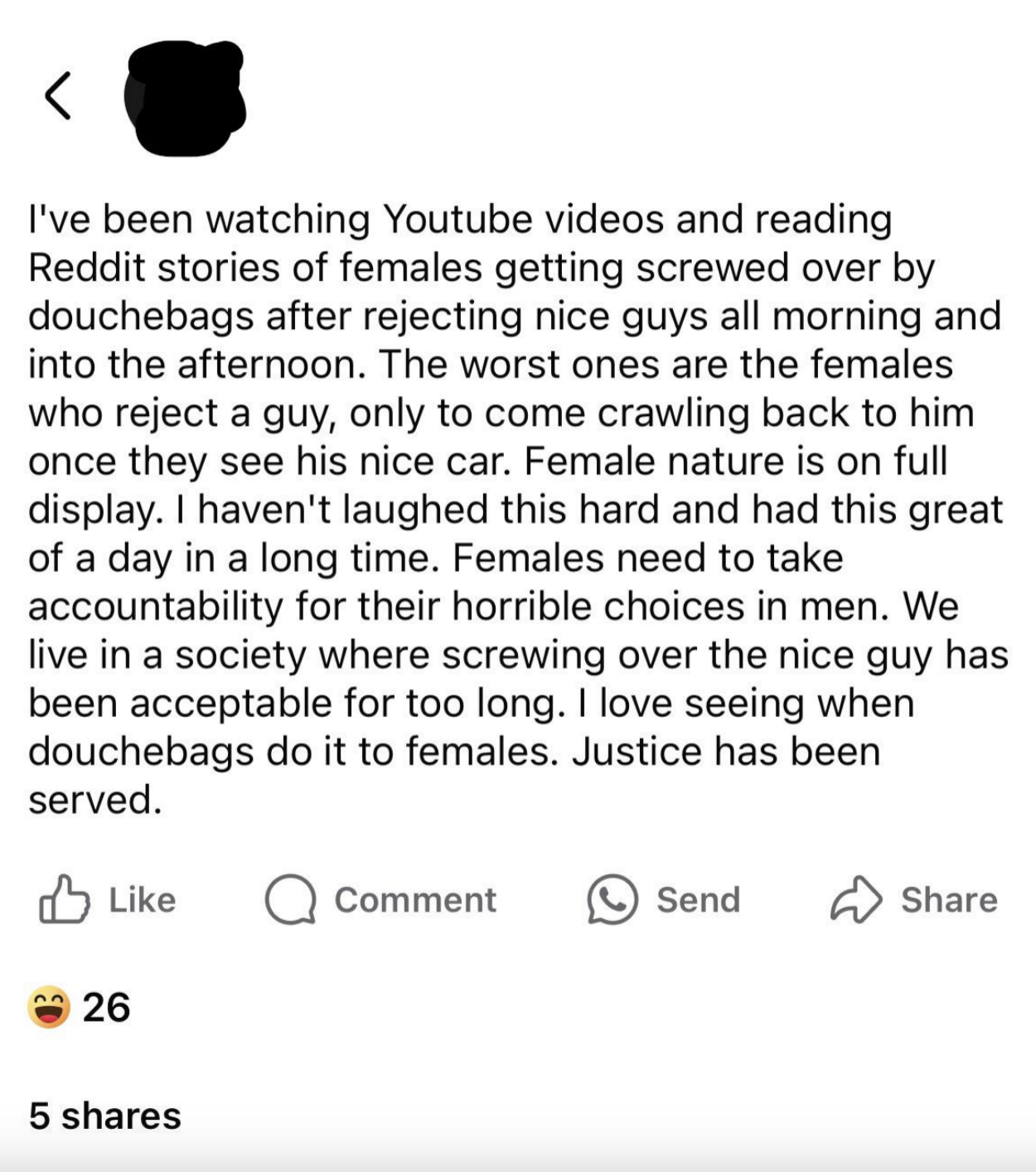 Social media post expressing frustration about women&#x27;s relationship choices, advocating for women to take accountability and mentioning justice