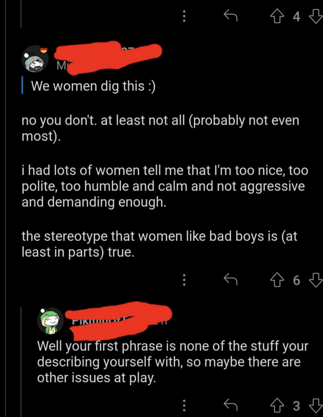 Comments discussing misconceptions about what women prefer in partners and stereotypes about &quot;bad boys.&quot;