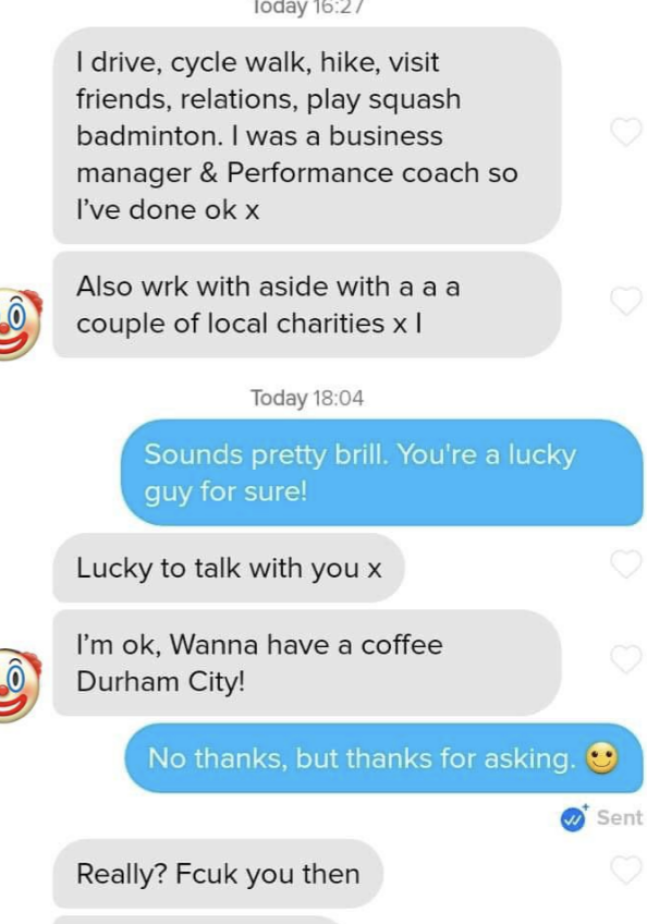 A chat exchange between two people discussing hobbies, meeting for coffee, and ending with a refusal and a rude comment