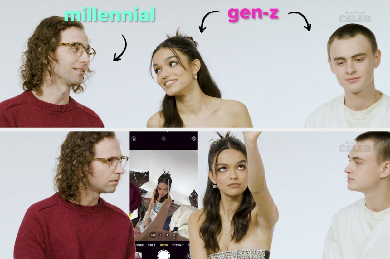 Two people: millennial in glasses, red sweater; Gen-Z with long brown hair, strapless top, gestures toward phone held by another person