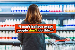 Person with shopping cart in front of milk aisle, with quote overlay: "I can't believe most people don't do this..."
