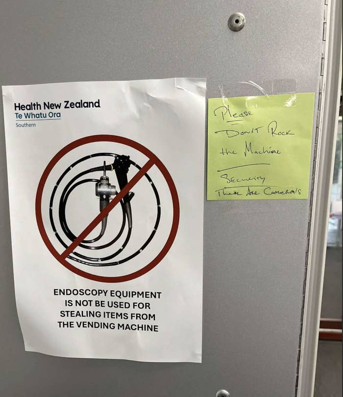 Sign warns: "Endoscopy equipment is not to be used for stealing items from the vending machine." Note says: "Please don’t rock the machine, security. There are cameras."