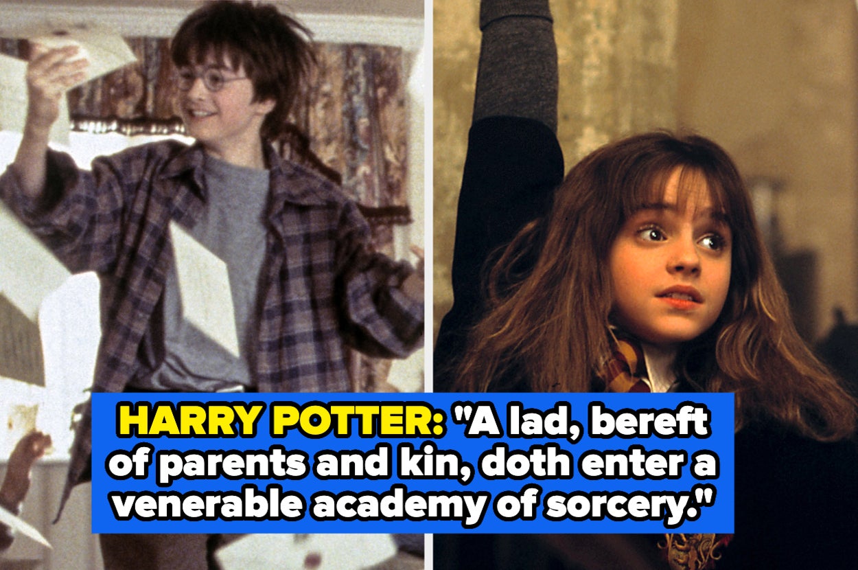 Image split: Harry holding a letter, Hermione raising her hand. Caption discusses Harry Potter entering a sorcery academy