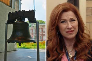 The Liberty Bell in a museum on the left; Melissa on the right looking confused