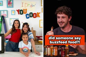 Two women and a young girl pose in a kitchen; a man holds food with sauces in front. Text: "did someone say buzzfeed food?!"