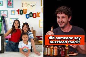 Two women and a young girl pose in a kitchen; a man holds food with sauces in front. Text: "did someone say buzzfeed food?!"