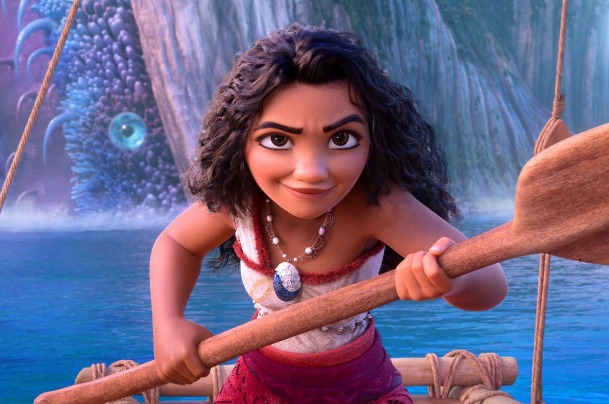 Animated character with curly hair holds a wooden paddle determinedly on a boat, set against an ocean backdrop with waterfalls and sea creature