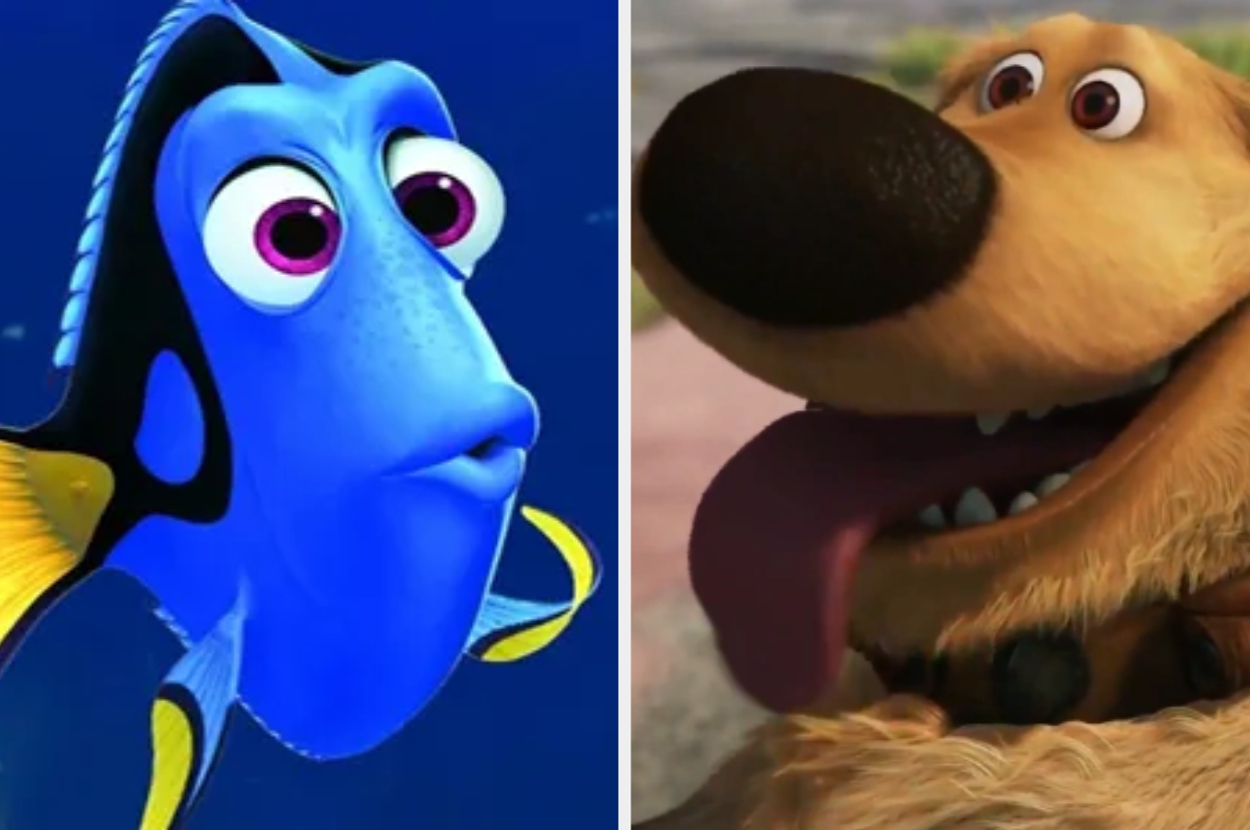 Animated characters Dory, a blue fish with big eyes, and Dug, a dog with a big nose and tongue out, are shown side by side
