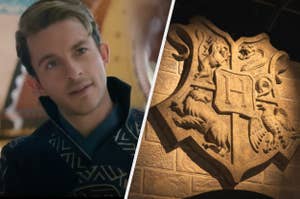A person in a dark patterned outfit looks to the side; beside them, there's a carved emblem with various creatures and a letter "H" at the center