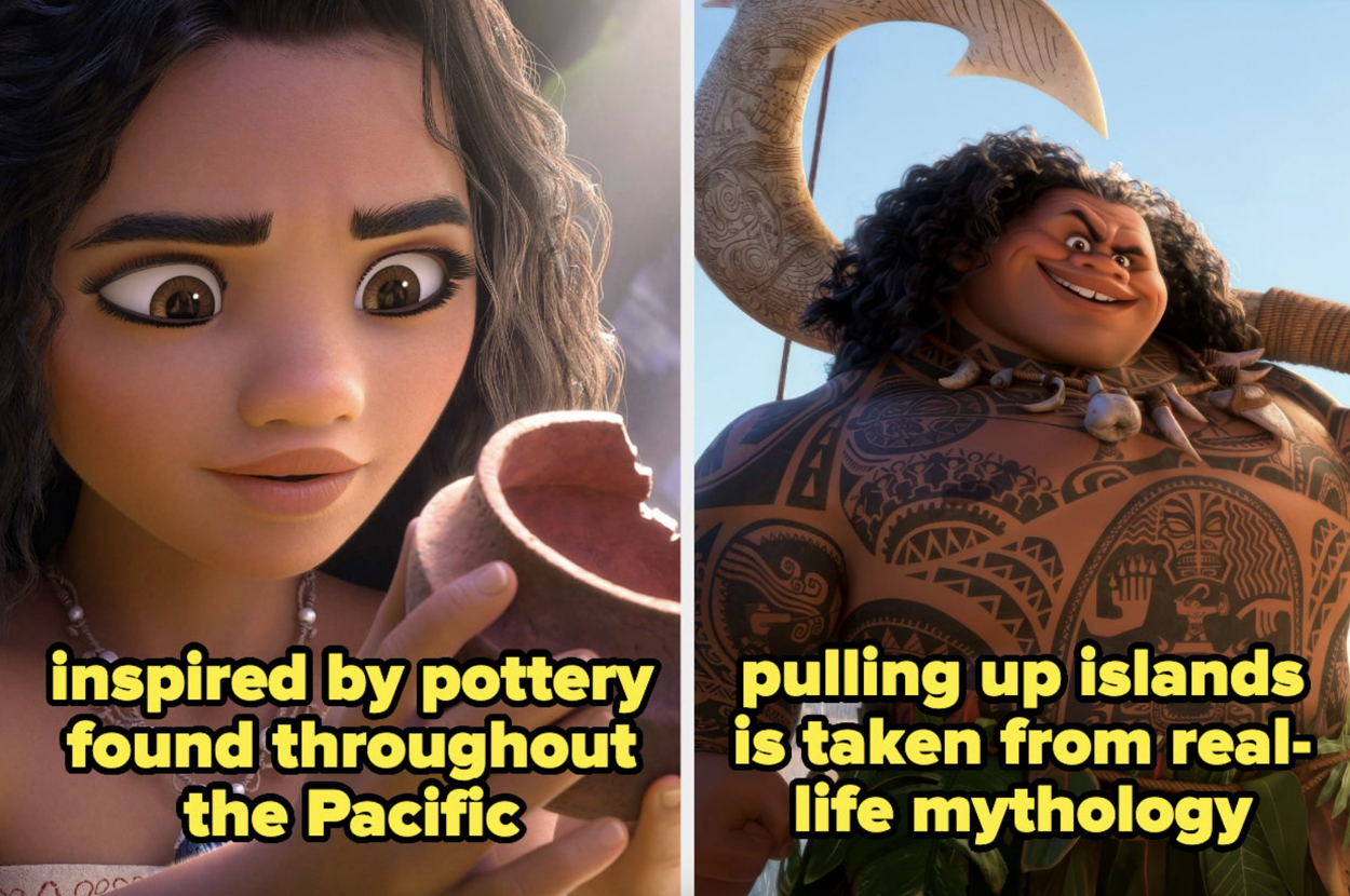 Animated characters from a film; the left one holds pottery, and the right one features tattoos. Text highlights Polynesian inspiration and mythology