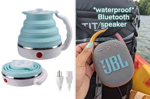 Collapsible silicone electric kettle with plug; waterproof Bluetooth speaker held by hand, shown near water, attached to a backpack