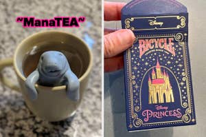 Left: Manatee-shaped tea infuser in a cup; Right: Hand holding a Disney Princess themed Bicycle playing card deck