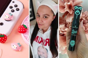 Alt Textleft: Cute strawberry-themed silicone joystick caps on a Nintendo Switch. Center: a reviewer wearing a cat ear headband. Right: a bottle of Lash Princess mascara