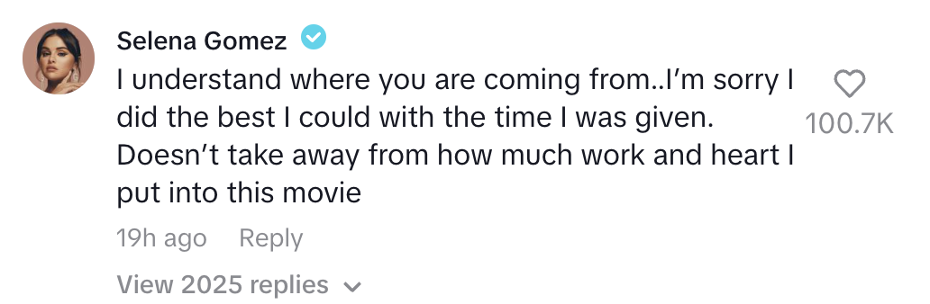 Selena Gomez responds to feedback, expressing understanding and emphasizing her effort and dedication to a movie project