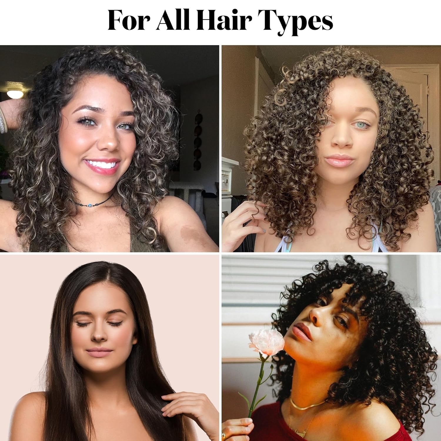 Collage of four women with diverse curly hairstyles, showcasing products for all hair types. Featured in a shopping article