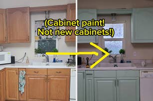 Side-by-side kitchen cabinet transformation, from wood finish to painted. Yellow arrow points to the change, highlighting paint difference