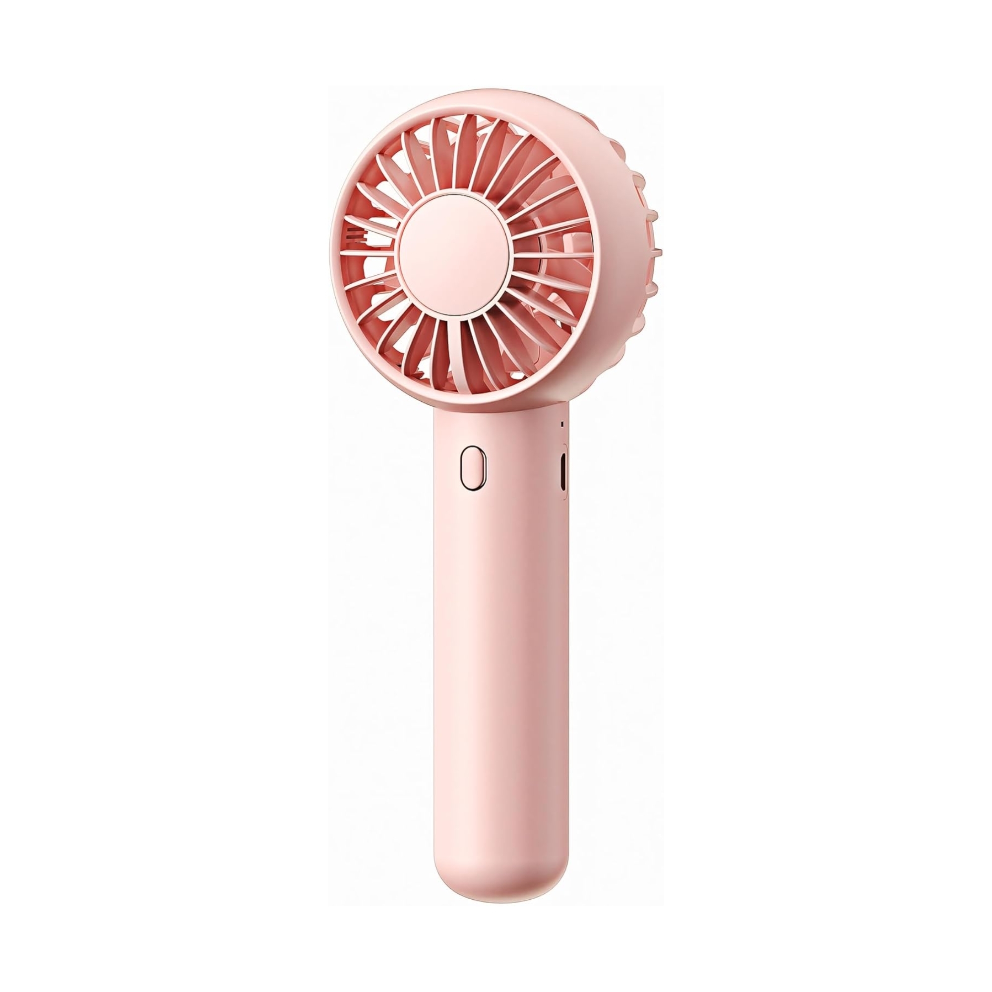 Portable handheld fan with a simple design, featuring a round head and a sleek handle