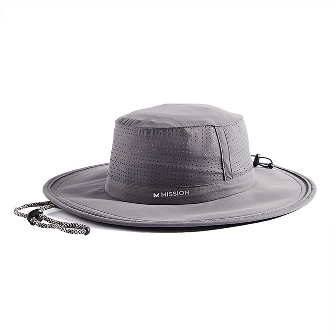 Wide-brimmed gray sun hat with perforated design, chin strap, and &quot;Mission&quot; logo, suitable for outdoor activities