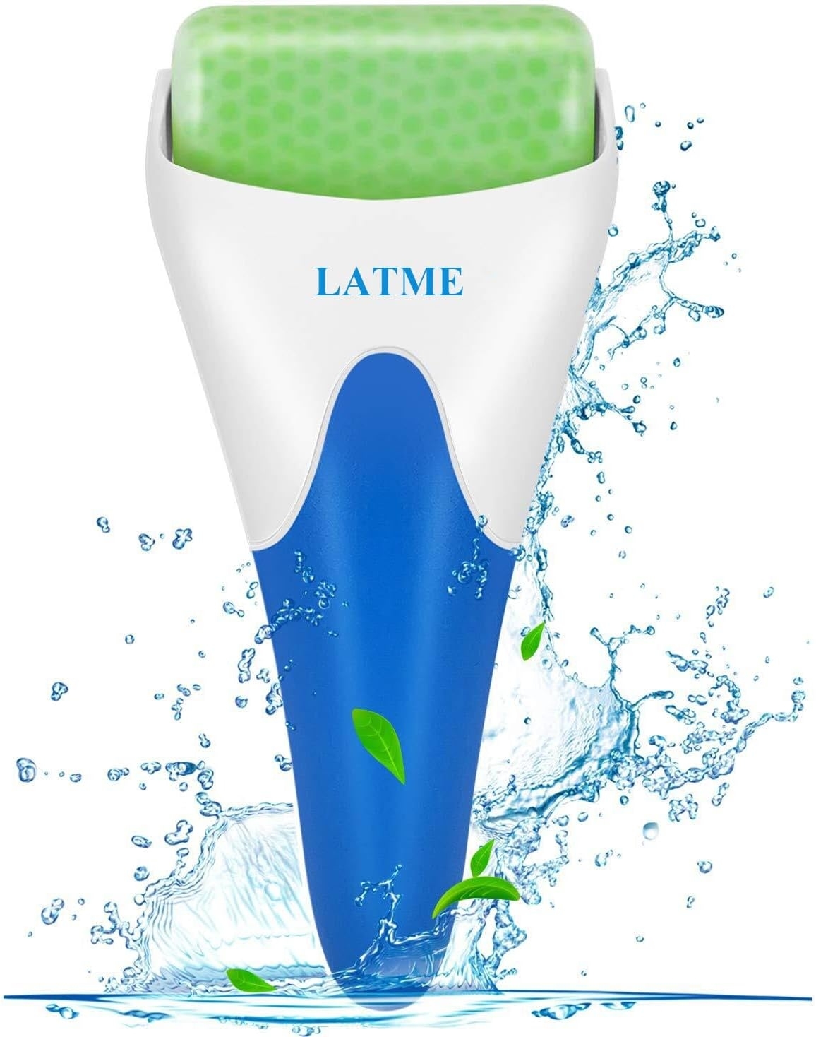 Ice roller for face with splashing water and leaves, branded &quot;LATME.&quot; Used for skincare routines to reduce puffiness and soothe skin