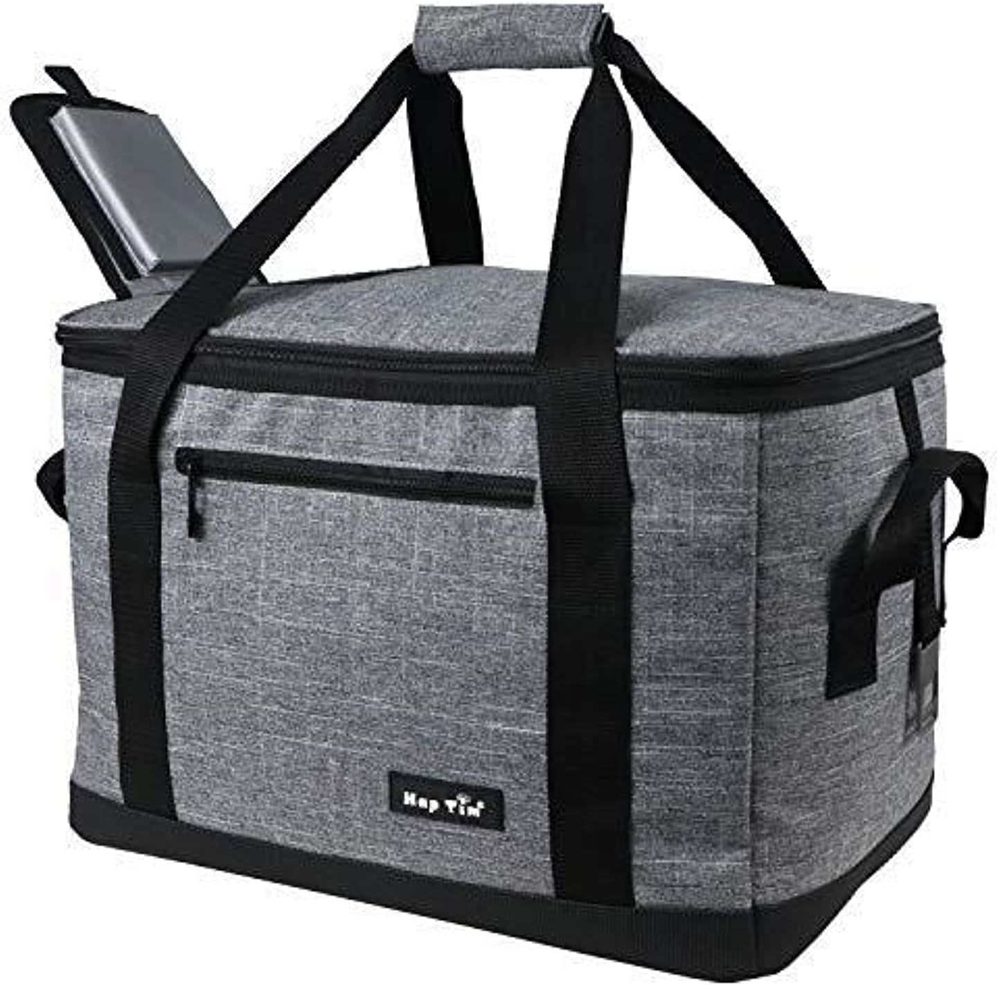 Large insulated cooler bag with front pocket, sturdy handles, and a wide opening, ideal for picnics or grocery shopping