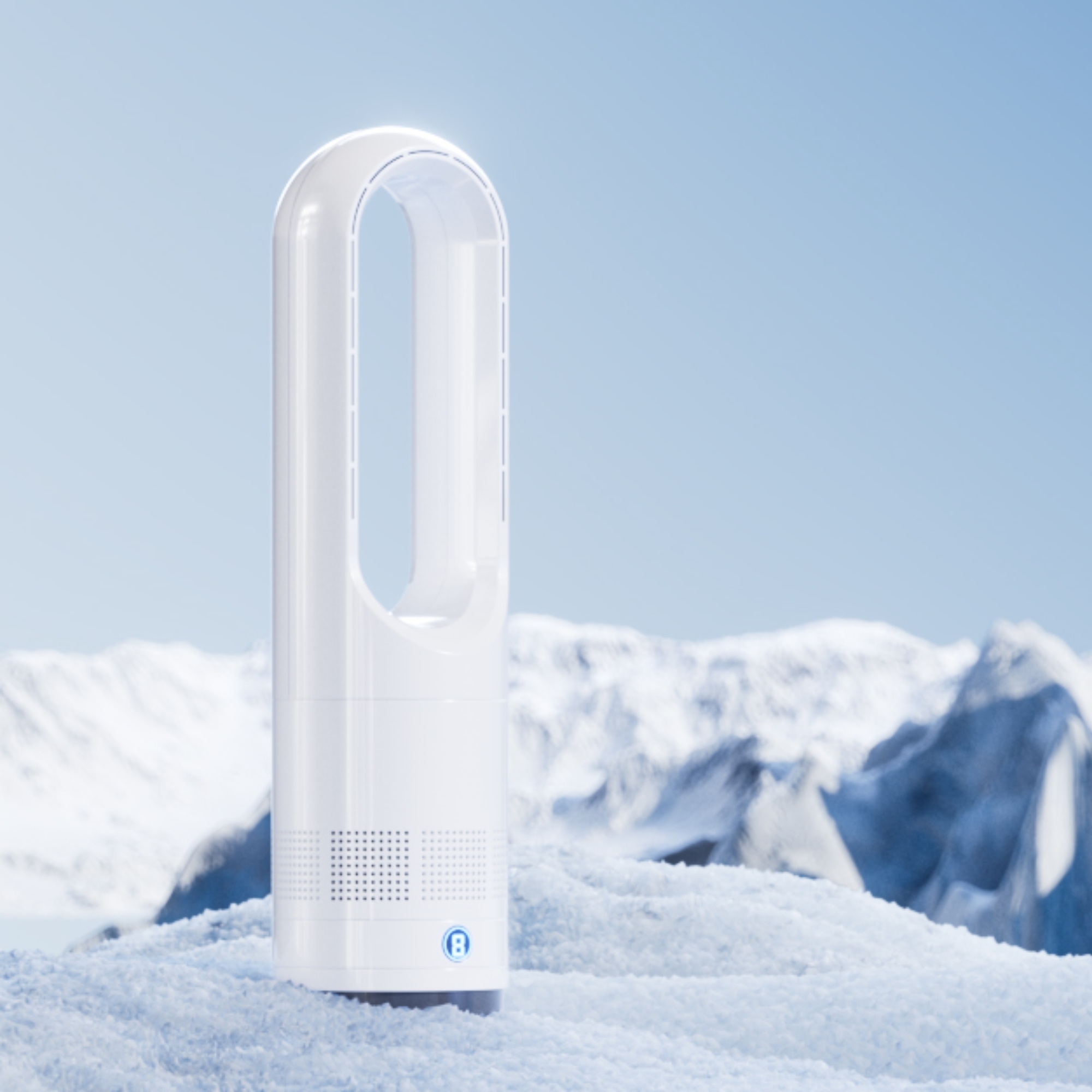 Sleek, modern air purifier standing on a snowy landscape, highlighting its fresh, clean air capabilities