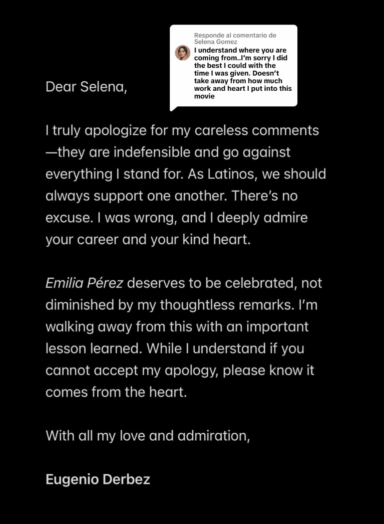 Letter of apology from Eugenio Derbez to Selena Gomez, expressing regret for careless comments and offering support and admiration