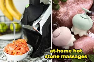 Kitchen appliance producing fruit sorbet in a bowl, and two hand-held massage devices on stones. Text: "at-home hot stone massages."