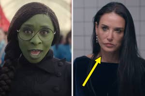 Two side-by-side images: a person with green makeup and glasses, and a person with long dark hair and earrings, with an arrow pointing at the latter