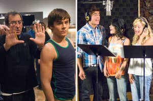 Director guides actor on set; group of three actors sing in recording studio. Casual attire: tank top, plaid shirt, floral top, and layered tank tops